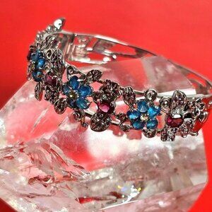 925 Sterling Silver Bangle with Natural Rhodolite Garnet, Apatite Gemstone